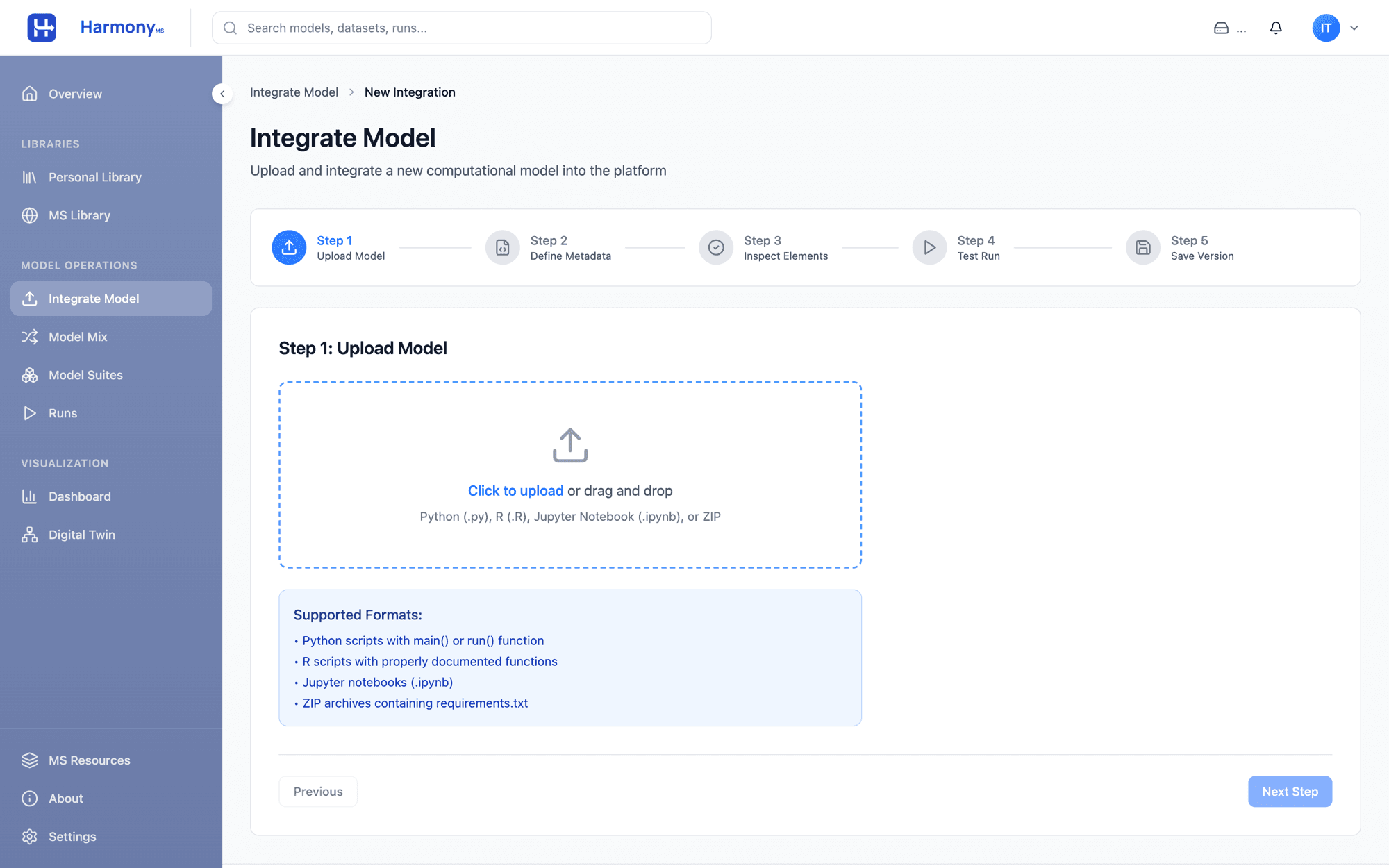 HarmonyMS Integrate Model wizard: upload, define metadata, inspect, test run, save version