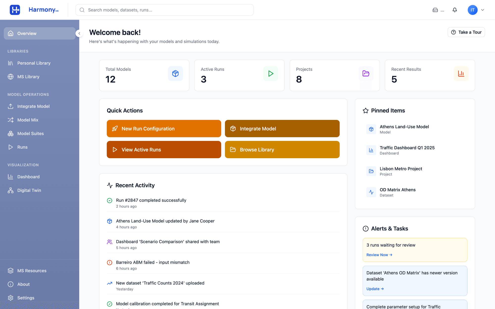 HarmonyMS overview: models, active runs, recent activity, pinned items and alerts