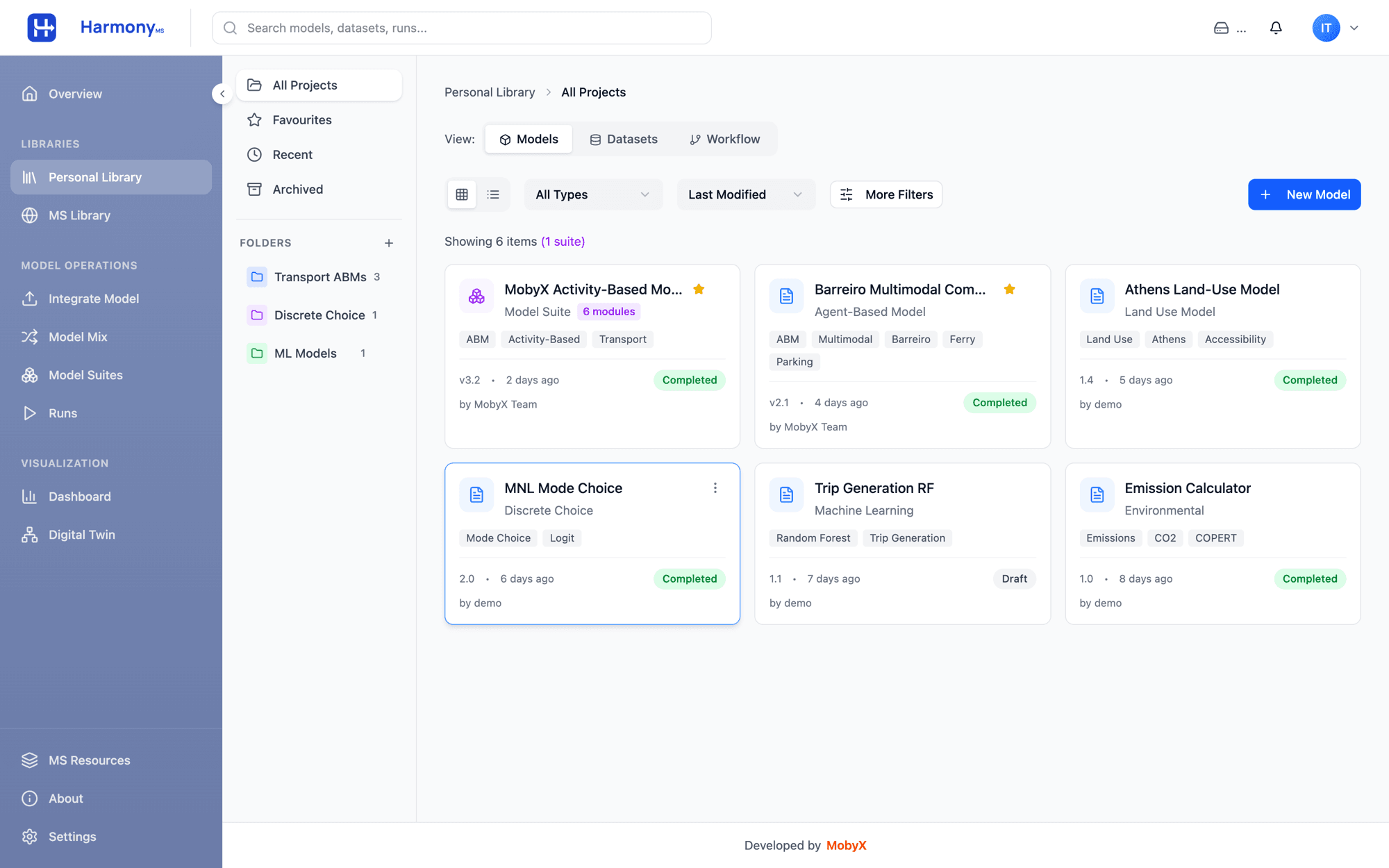 HarmonyMS Personal Library with folders and model cards